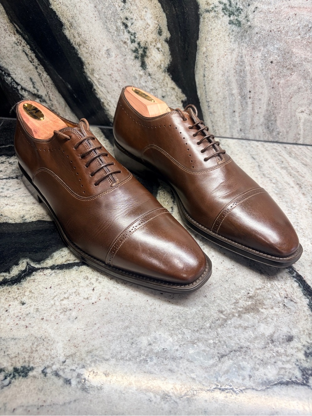 Santoni Italy Chocolate Brown Leather Cap Toe Oxford Shoes UK 9 US 10